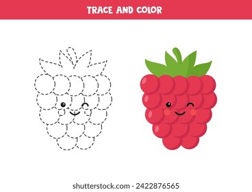 Rastreo y color lindo kawaii frambuesa. Hoja de trabajo para niños preescolares.