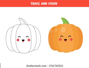 Trace and color cute kawaii smiling pumpkin. Coloring page for preschoolers. Educational worksheet for kids. Handwriting practice. Practicing writing skills. 