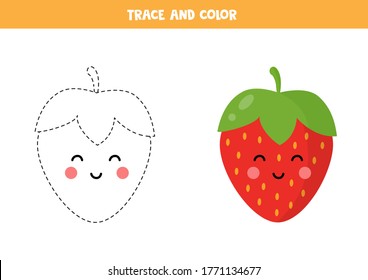 Trace and color cute kawaii strawberry. Handwriting practice worksheet for children. Tracing and coloring page for preschoolers. Learning to draw and to color.