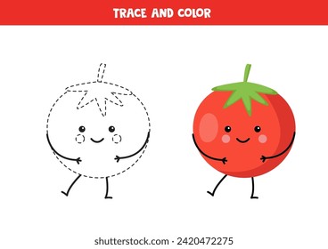 Trace and color cute kawaii tomato. Worksheet for preschool kids.