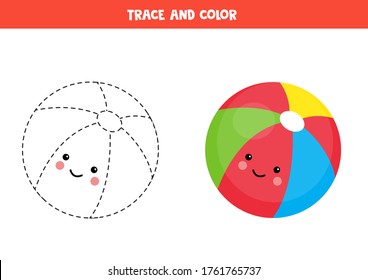 Trace and color cute kawaii toy ball. Educational worksheet for kids. Handwriting practice for kids. Tracing lines for children. Learning to write and to color.