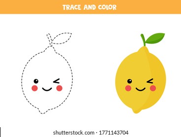 Trace and color cute kawaii yellow lemon. Handwriting practice worksheet for children. Tracing and coloring page for preschoolers. Learning to draw and to color.