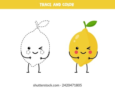 Trace and color cute kawaii yellow lemon. Worksheet for preschool kids.