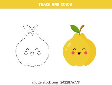 Trace and color cute kawaii yellow quince. Worksheet for preschool kids.