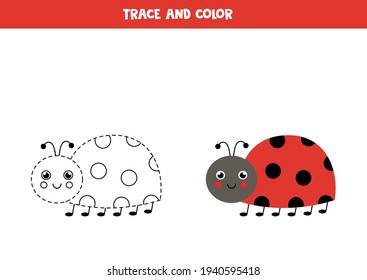Trace and color cute ladybug. Educational game for kids. Writing and coloring practice.