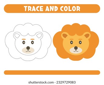 Rastreo y color lindo león. Hoja de trabajo para niños