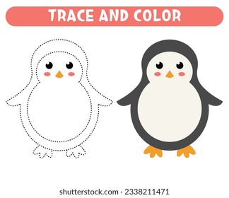 Trace   color cute little cartoon penguin  Worksheet for kids