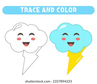 Trace and color cute little cloud with lightning. Worksheet for kids