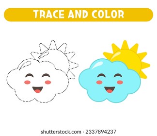 Trace and color cute little cloud and sun. Worksheet for kids