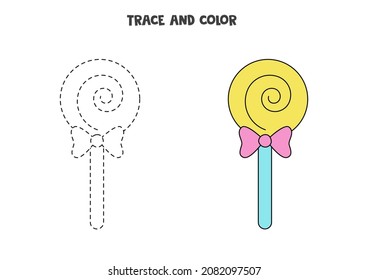 Trace and color cute lollipop with bow. Educational game for kids. Writing and coloring practice.