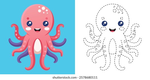 Trace and Color Cute Octopus Cartoon. Hand Drawing Exercises For Preschool. Kawaii Octopus Cartoon Character Vector Illustration