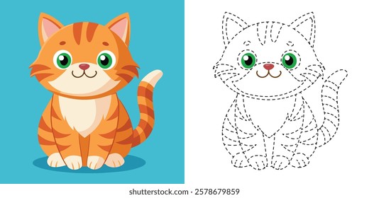 Trace and Color Cute Orange Cat Cartoon. Hand Drawing Practice For Preschool. Animal Coloring. Kawaii Orange Cat Cartoon Character Vector Illustration
