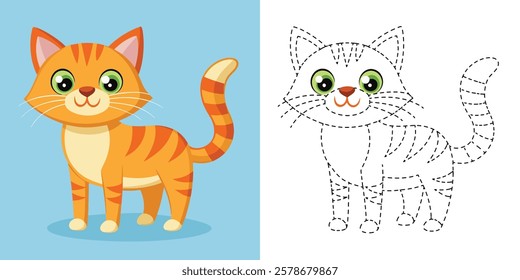 Trace and Color Cute Orange Cat Cartoon. Hand Drawing Exercises For Kids. Animal Coloring. Kawaii Orange Cat Cartoon Character Vector Illustration
