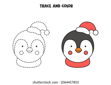 Trace and color cute penguin. Educational game for kids. Writing and coloring practice.
