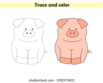 Trace and color the cute pig. Learning to draw and paint. Worksheet for preschoolers. Vector illustration.