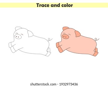 Trace and color the cute pig. Learning to draw and paint. Worksheet for preschoolers. Vector illustration.