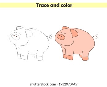 Trace and color the cute pig. Learning to draw and paint. Worksheet for preschoolers. Vector illustration.