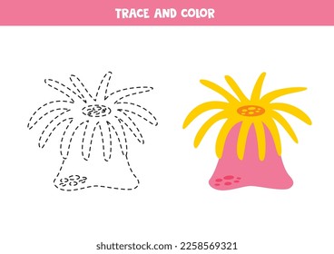 Trace and color cute pink anemone. Worksheet for kids.