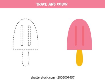 Trace and color cute pink ice cream. Educational game for kids. Writing and coloring practice.