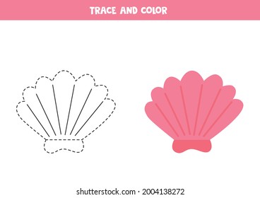 Trace and color cute pink seashell. Educational game for kids. Writing and coloring practice.