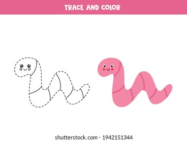 Trace and color cute pink worm. Educational game for kids. Writing and coloring practice.