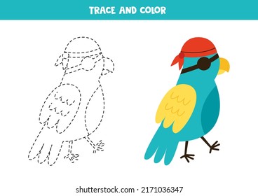 Trace and color cute pirate parrot. Worksheet for kids.