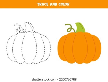 Trace and color cute pumpkin. Educational writing skills worksheet.