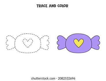 Rastreo y color dulces púrpura. Juego educativo para los niños. Práctica de escritura y coloreo.