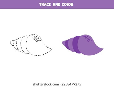 Trace and color cute purple seashell. Worksheet for kids.