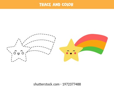 Trace and color cute rainbow star. Educational game for kids. Writing and coloring practice.