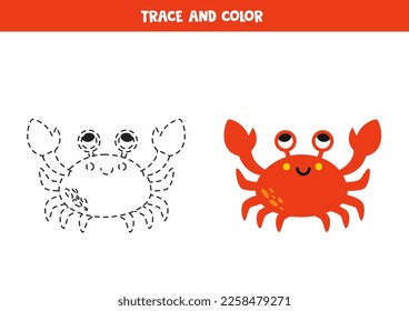 Spur und Farbe süße rote Krabbe. Arbeitsblatt für Kinder.