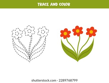 Trace and color cute red flowers. Worksheet for kids.
