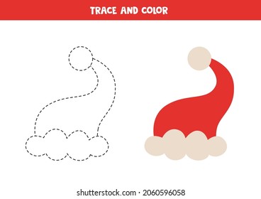 Trace and color cute red Santa cap. Educational game for kids. Writing and coloring practice.