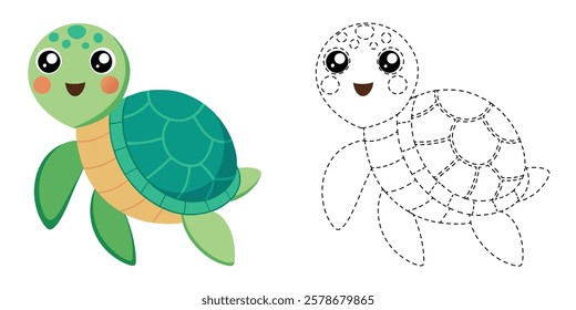 Trace and Color Cute Sea Turtle Cartoon. Hand Drawing Exercises For Kids. Sea Animal Coloring. Cute Sea Turtle Cartoon Character Vector Illustration
