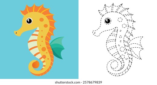 Trace and Color Cute Seahorse Cartoon. Hand Drawn Exercises For Kids. Dotted Line Sea Animal Coloring. Seahorse Cartoon Character Vector Illustration