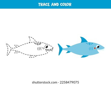 Trace and color cute shark. Worksheet for kids.