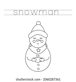 Trace and color cute snowman. Educational game for kids. Writing and coloring practice.
