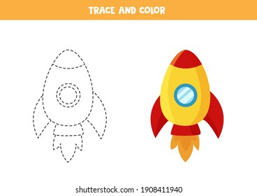 Trace and color cute space rocket. Educational game for kids. Writing and coloring practice.