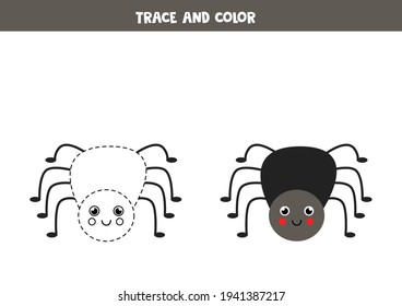 Trace and color cute spider. Educational game for kids. Writing and coloring practice.