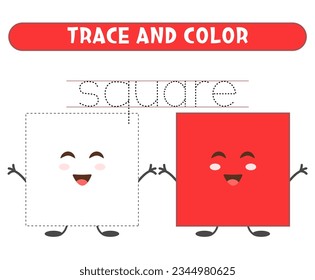  Trace and color cute square. Basic geometric shapes. Worksheet for kids.