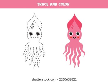 Trace and color cute squid. Worksheet for kids.