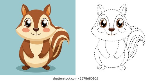 Trace and Color Cute Squirrel Cartoon. Hand Drawing Exercises For Preschool. Kawaii Squirrel Cartoon Character Vector Illustration