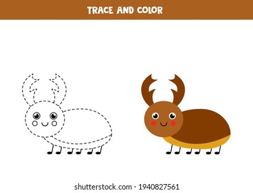 Trace And Color Cute Stag Beetle. Educational Game For Kids. Writing And Coloring Practice.