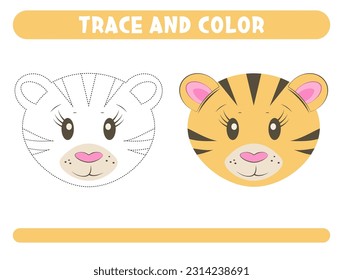 Trace and color cute tiger. Worksheet for kids 