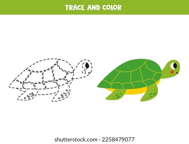 Rastreo y color de la linda tortuga. Hoja de trabajo para niños.