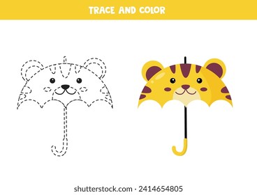  Trace and color cute umbrella in shape of tiger. Worksheet for kids.