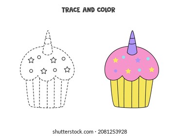Trace and color cute unicorn cupcake. Educational game for kids. Writing and coloring practice.