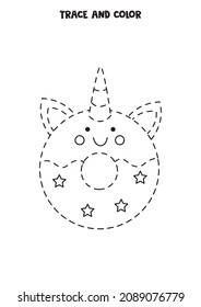 Trace and color cute unicorn donut. Educational game for kids. Writing and coloring practice.