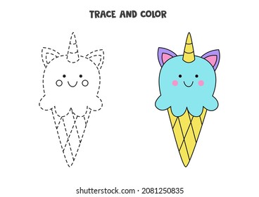 Trace and color cute unicorn ice cream. Educational game for kids. Writing and coloring practice.