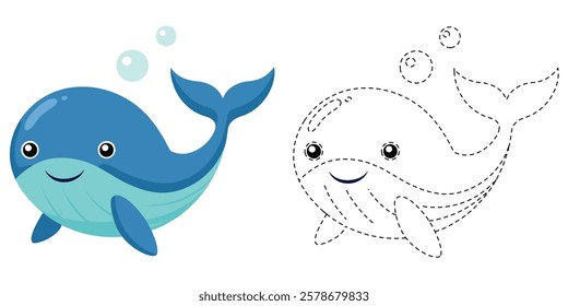 Trace and Color Cute Whale Cartoon. Hand Drawing Practice For Kids. Kawaii Whale Cartoon Character Vector Illustration